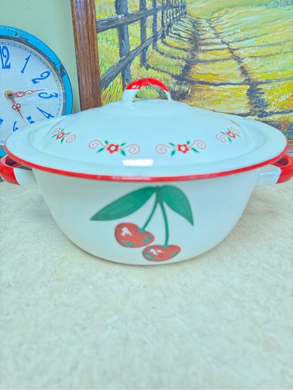 Enamel Cherry Covered Casserole Dish - Red & White